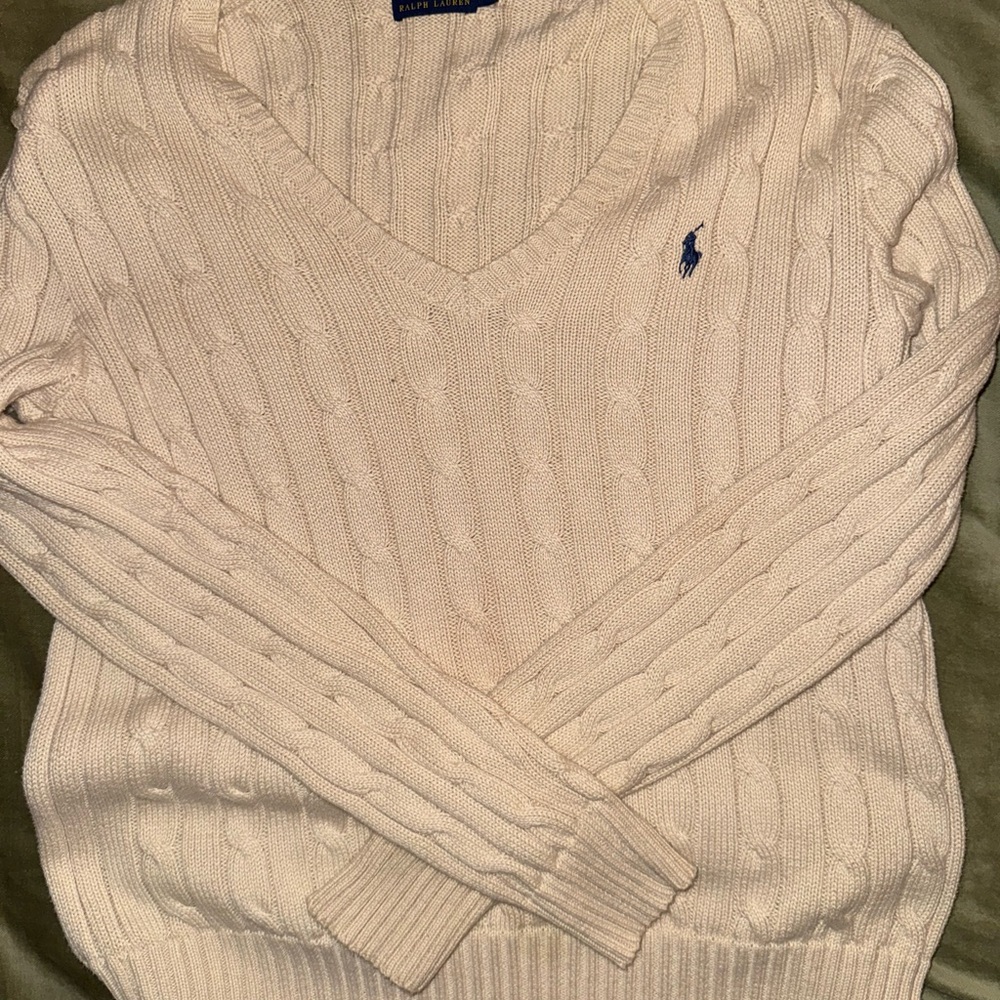 Ralph Lauren Cream Cable Knit v neck Sweater for women